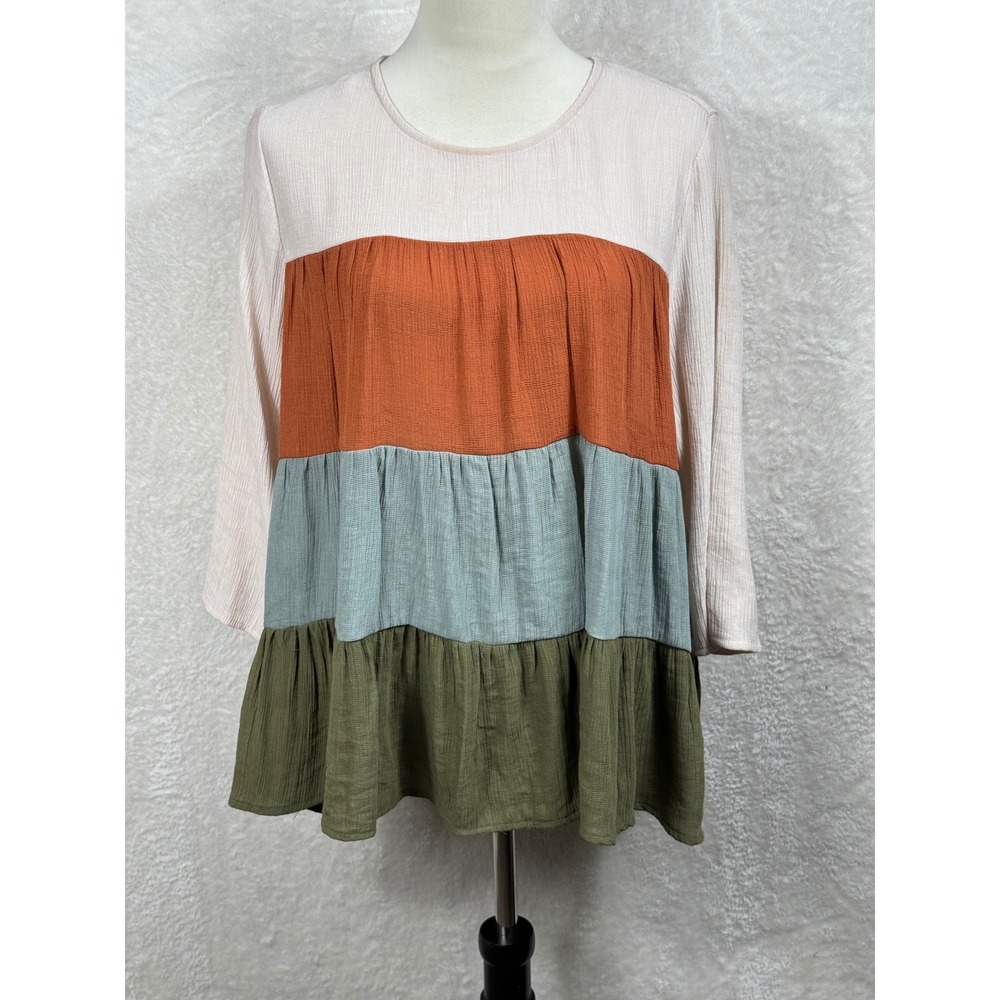 Nestled & Co. Color Block Tunic Top‎ Tiered Ruffle Hem Casual Boho Blouse Size S